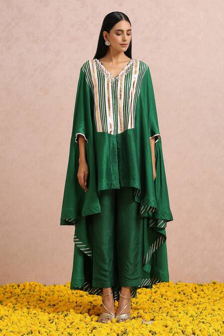 Label Nitika_Green Madras Silk Gota And Sequin Work Bralette Sweetheart Asymmetric Pant Set_Online_at_Aza_Fashions
