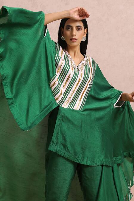 Buy_Label Nitika_Green Madras Silk Gota And Sequin Work Bralette Sweetheart Asymmetric Pant Set_Online_at_Aza_Fashions