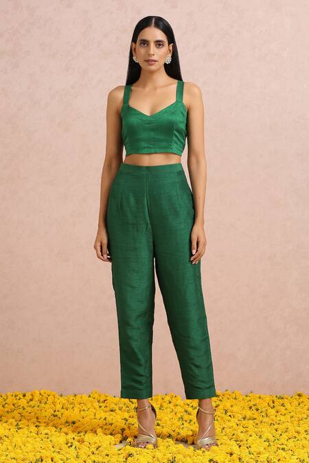 Label Nitika_Green Madras Silk Gota And Sequin Work Bralette Sweetheart Asymmetric Pant Set_at_Aza_Fashions