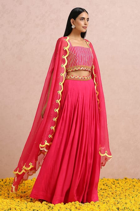 Label Nitika_Fuchsia Madras Silk Bead, Gota And Sequin Work Embroidered Pleated Lehenga Set_Online_at_Aza_Fashions