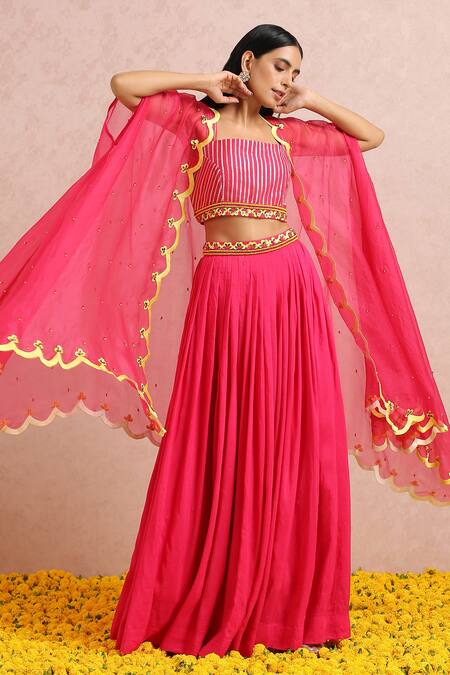 Buy_Label Nitika_Fuchsia Madras Silk Bead, Gota And Sequin Work Embroidered Pleated Lehenga Set_Online_at_Aza_Fashions