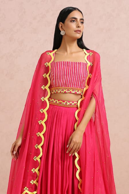 Shop_Label Nitika_Fuchsia Madras Silk Bead, Gota And Sequin Work Embroidered Pleated Lehenga Set_Online_at_Aza_Fashions
