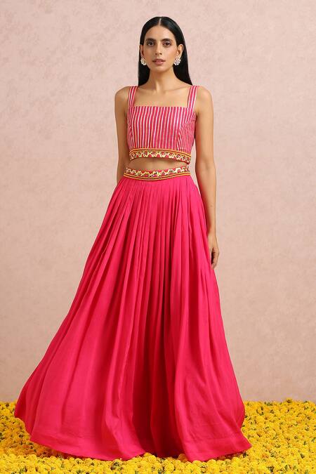 Label Nitika_Fuchsia Madras Silk Bead, Gota And Sequin Work Embroidered Pleated Lehenga Set_at_Aza_Fashions