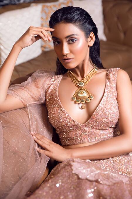 Moha Atelier_Gold Organza Sequins, Embroidery V-neck Lehenga And Blouse Set_Online_at_Aza_Fashions