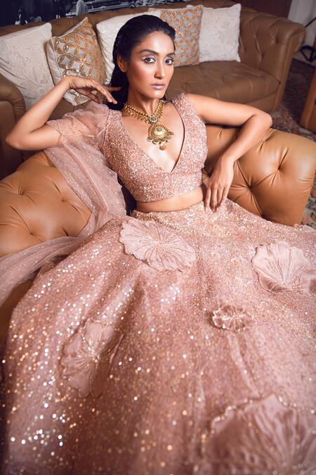 Buy_Moha Atelier_Gold Organza Sequins, Embroidery V-neck Lehenga And Blouse Set_Online_at_Aza_Fashions