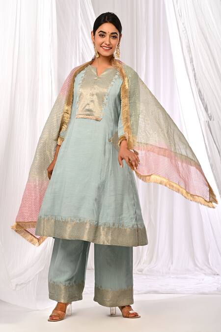 The Home Affair Blue Chanderi, Cotton Zari, Sequins, Fringe Split Pure Work A-line Kurta Set at Aza Fashions The Home Affair_Blue Chanderi, Cotton Zari, Sequins, Fringe Split Pure Work A-line Kurta Set _at_Aza_Fashions