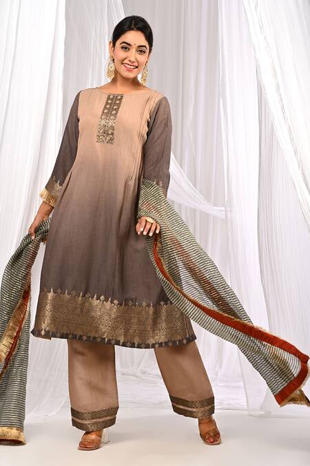 Buy The Home Affair Brown Chanderi, Cotton Zari Boat Neck Pure Banarasi Weaving Kurta Set Online at Aza Fashions Buy_The Home Affair_Brown Chanderi, Cotton Zari Boat Neck Pure Banarasi Weaving Kurta Set _Online_at_Aza_Fashions