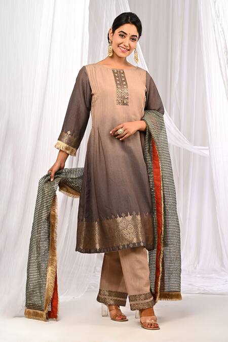 Shop The Home Affair Brown Chanderi, Cotton Zari Boat Neck Pure Banarasi Weaving Kurta Set Online at Aza Fashions Shop_The Home Affair_Brown Chanderi, Cotton Zari Boat Neck Pure Banarasi Weaving Kurta Set _Online_at_Aza_Fashions