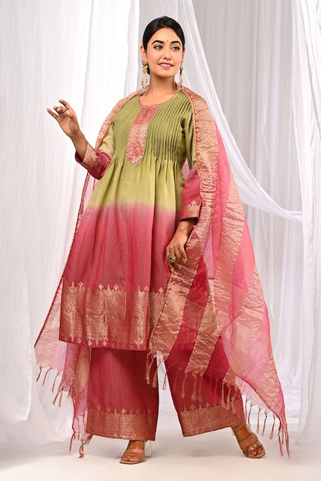 Buy_The Home Affair_Wine Chanderi, Cotton Tassels, Zari Pure Pintucked Ombre Kurta Palazzo Set _Online_at_Aza_Fashions