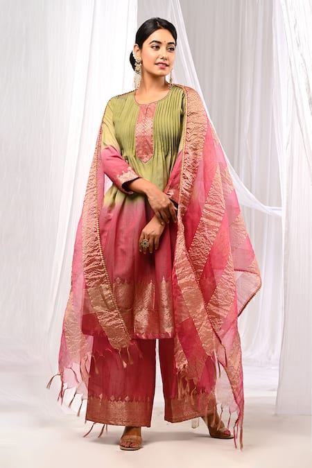 Shop_The Home Affair_Wine Chanderi, Cotton Tassels, Zari Pure Pintucked Ombre Kurta Palazzo Set _Online_at_Aza_Fashions