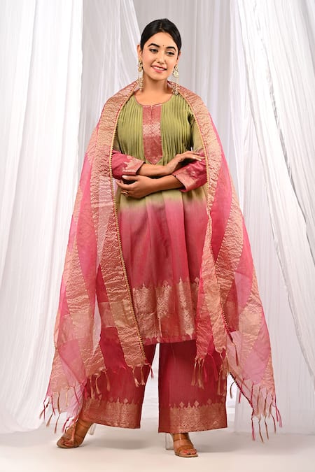 The Home Affair_Wine Chanderi, Cotton Tassels, Zari Pure Pintucked Ombre Kurta Palazzo Set _at_Aza_Fashions
