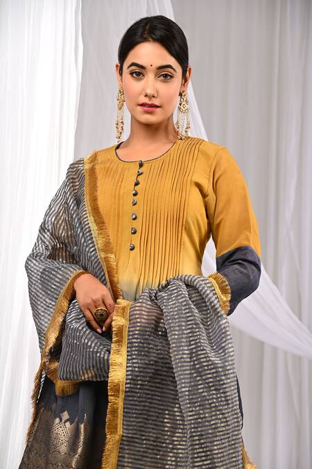 The Home Affair_Yellow Chanderi, Cotton Fringe, Zari Pintucked Ombre Pure Kurta Palazzo Set _Online_at_Aza_Fashions
