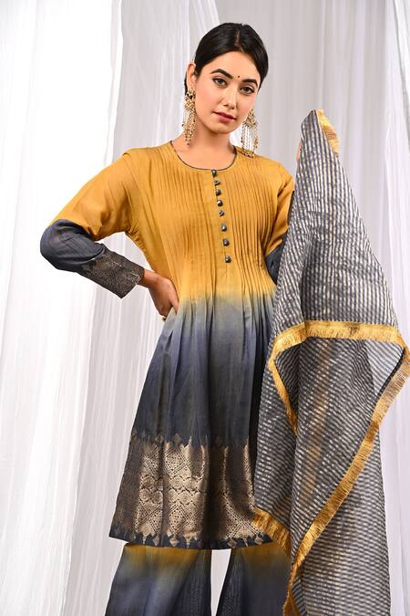 Buy_The Home Affair_Yellow Chanderi, Cotton Fringe, Zari Pintucked Ombre Pure Kurta Palazzo Set _Online_at_Aza_Fashions