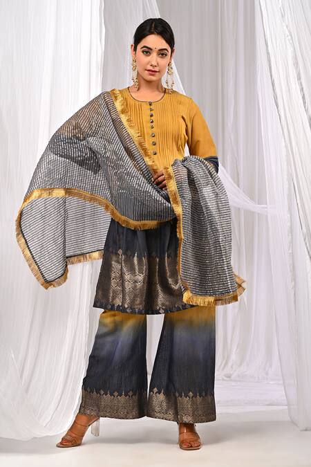 Shop_The Home Affair_Yellow Chanderi, Cotton Fringe, Zari Pintucked Ombre Pure Kurta Palazzo Set _Online_at_Aza_Fashions