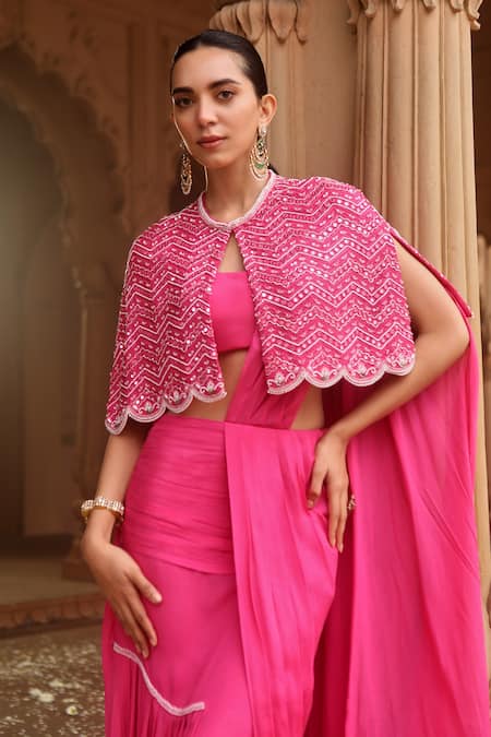 Dheeru Taneja_Pink Chiffon, Georgette Beads, Sukoon Pre-draped Saree Set With Embroidered Cape _Online_at_Aza_Fashions