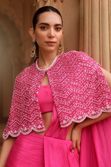 Buy_Dheeru Taneja_Pink Chiffon, Georgette Beads, Sukoon Pre-draped Saree Set With Embroidered Cape _Online_at_Aza_Fashions