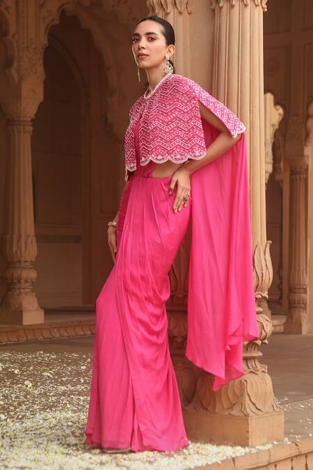 Shop Dheeru Taneja Pink Chiffon, Georgette Beads, Sukoon Pre-draped Saree Set With Embroidered Cape Online at Aza Fashions Shop_Dheeru Taneja_Pink Chiffon, Georgette Beads, Sukoon Pre-draped Saree Set With Embroidered Cape _Online_at_Aza_Fashions