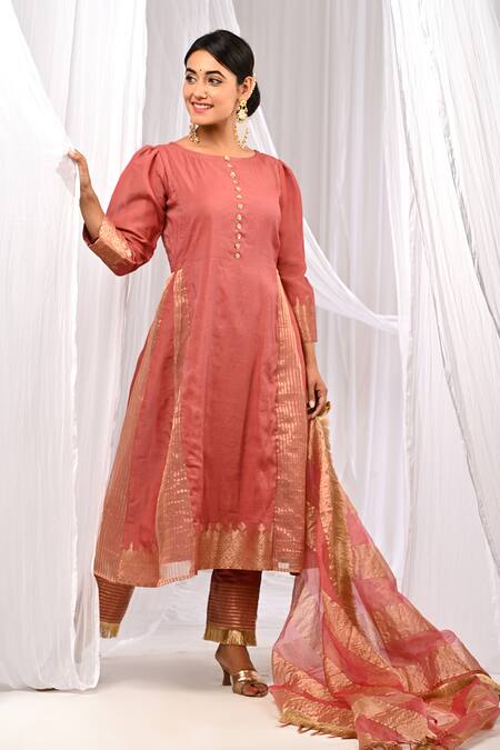 Buy The Home Affair Peach Chanderi, Cotton Fringe Boat Neck Pure Striped Pattern A-line Kurta Set Online at Aza Fashions Buy_The Home Affair_Peach Chanderi, Cotton Fringe Boat Neck Pure Striped Pattern A-line Kurta Set _Online_at_Aza_Fashions