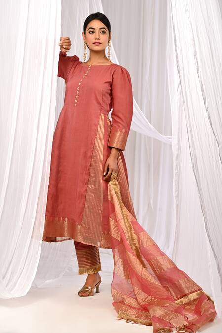 Shop The Home Affair Peach Chanderi, Cotton Fringe Boat Neck Pure Striped Pattern A-line Kurta Set Online at Aza Fashions Shop_The Home Affair_Peach Chanderi, Cotton Fringe Boat Neck Pure Striped Pattern A-line Kurta Set _Online_at_Aza_Fashions