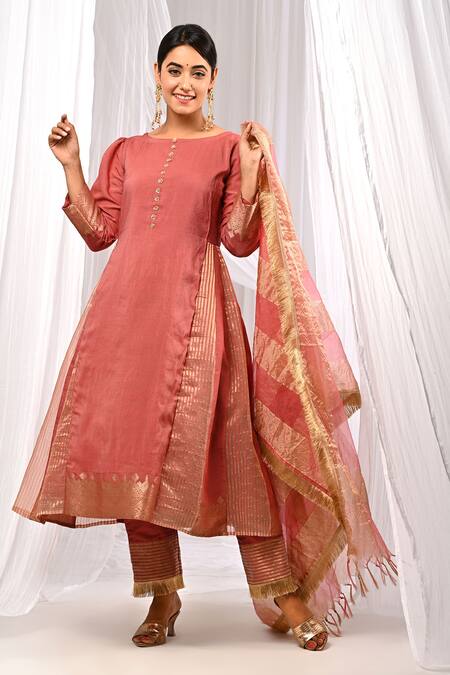 The Home Affair Peach Chanderi, Cotton Fringe Boat Neck Pure Striped Pattern A-line Kurta Set at Aza Fashions The Home Affair_Peach Chanderi, Cotton Fringe Boat Neck Pure Striped Pattern A-line Kurta Set _at_Aza_Fashions