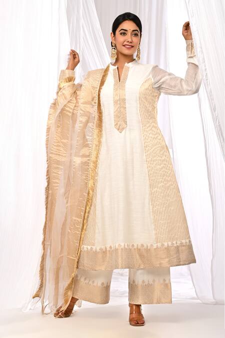 Shop The Home Affair Off White Chanderi, Cotton Zari Mandarin Collar Pure Kurta Palazzo Set Online at Aza Fashions Shop_The Home Affair_Off White Chanderi, Cotton Zari Mandarin Collar Pure Kurta Palazzo Set _Online_at_Aza_Fashions