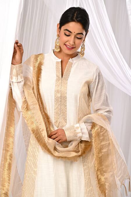The Home Affair Off White Chanderi, Cotton Zari Mandarin Collar Pure Kurta Palazzo Set at Aza Fashions The Home Affair_Off White Chanderi, Cotton Zari Mandarin Collar Pure Kurta Palazzo Set _at_Aza_Fashions