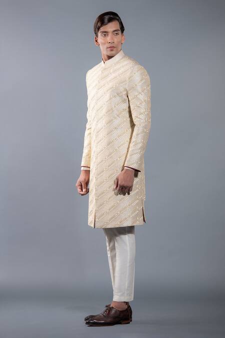 Buy_More Mischief_Gold Silk, Cotton Embroidery Summer Floret Sherwani Set_Online_at_Aza_Fashions