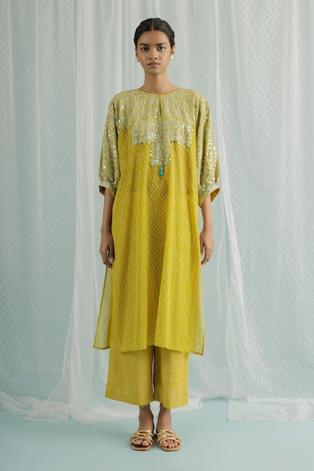 Surbhi Gupta_Yellow Georgette, Cotton Satin Sequins, Choga Chevron Print Kurta And Trouser Set _Online_at_Aza_Fashions