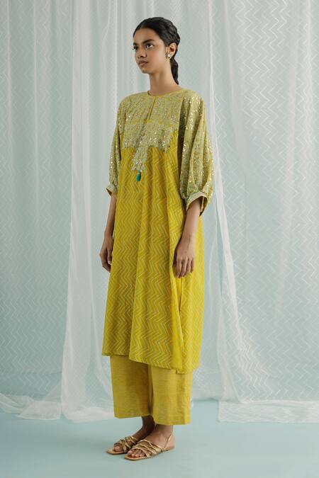 Buy_Surbhi Gupta_Yellow Georgette, Cotton Satin Sequins, Choga Chevron Print Kurta And Trouser Set _Online_at_Aza_Fashions
