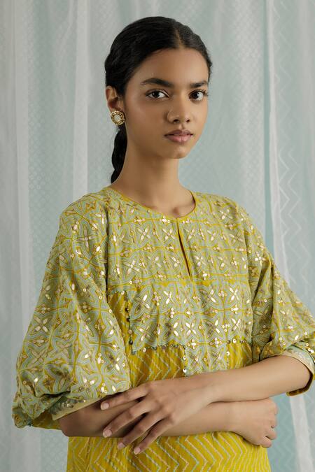 Shop_Surbhi Gupta_Yellow Georgette, Cotton Satin Sequins, Choga Chevron Print Kurta And Trouser Set _Online_at_Aza_Fashions