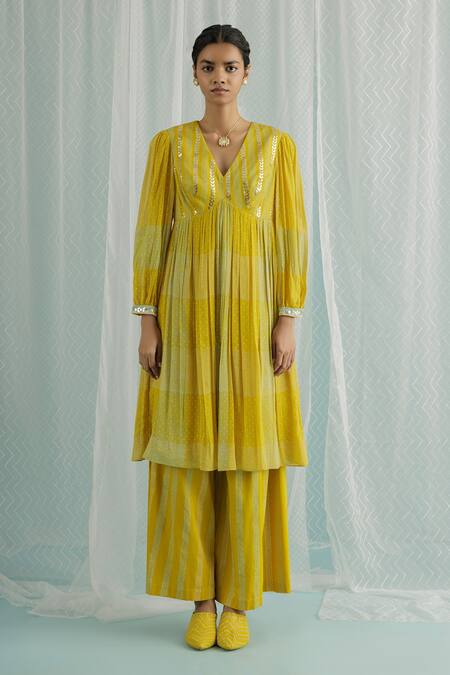 Surbhi Gupta_Yellow Anarkali Georgette Printed Polka Dots V Aila And Trouser Set  _Online_at_Aza_Fashions