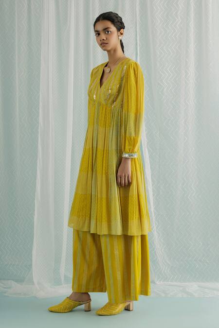 Buy_Surbhi Gupta_Yellow Anarkali Georgette Printed Polka Dots V Aila And Trouser Set  _Online_at_Aza_Fashions