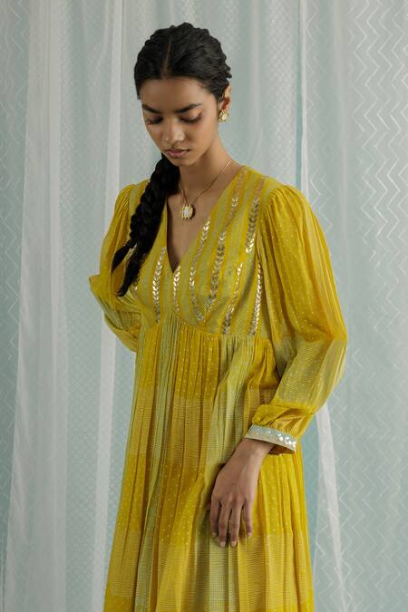 Shop_Surbhi Gupta_Yellow Anarkali Georgette Printed Polka Dots V Aila And Trouser Set  _Online_at_Aza_Fashions