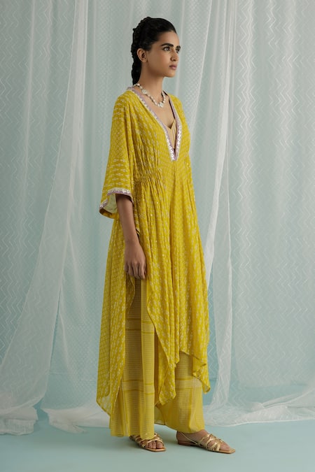 Shop_Surbhi Gupta_Yellow Cape Georgette Printed Geometric V Neck Nino Trouser Set  _Online_at_Aza_Fashions