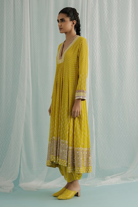 Surbhi Gupta_Yellow Georgette, Cotton, Organza Sequins, Noa Printed Anarkali Dhoti Pant Set _Online_at_Aza_Fashions