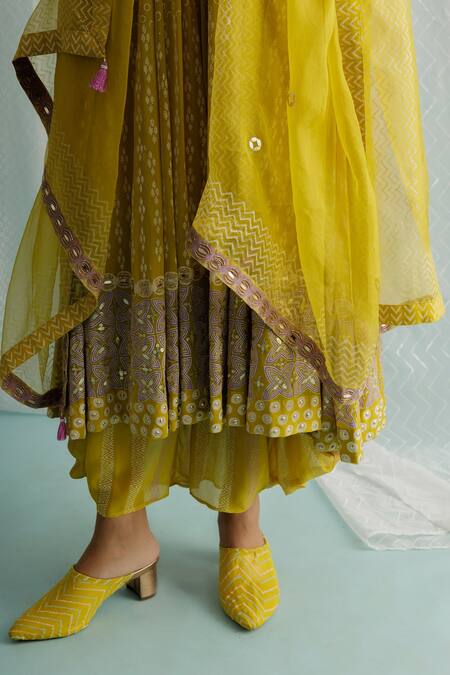 Shop_Surbhi Gupta_Yellow Georgette, Cotton, Organza Sequins, Noa Printed Anarkali Dhoti Pant Set _Online_at_Aza_Fashions