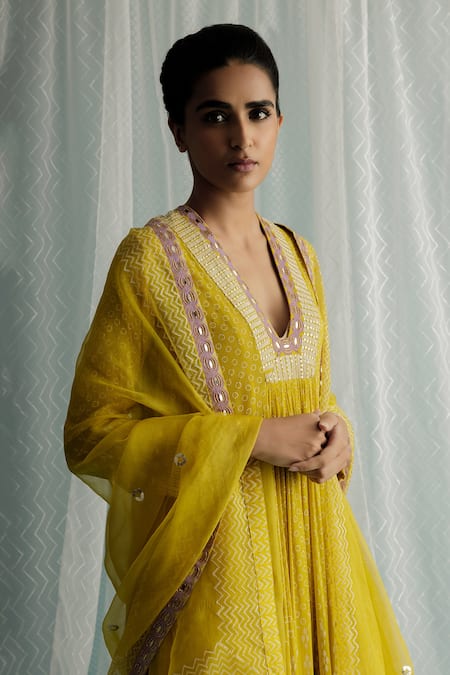Surbhi Gupta_Yellow Georgette, Cotton, Organza Sequins, Noa Printed Anarkali Dhoti Pant Set _at_Aza_Fashions