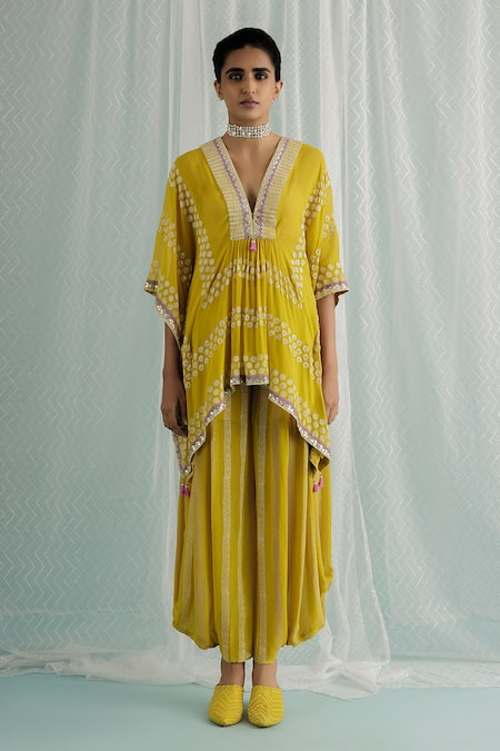 Surbhi Gupta Yellow Georgette, Cotton Emi Polka Dot Print Kaftan Tunic And Dhoti Pant Set Online at Aza Fashions Surbhi Gupta_Yellow Georgette, Cotton Emi Polka Dot Print Kaftan Tunic And Dhoti Pant Set _Online_at_Aza_Fashions