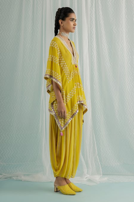 Buy Surbhi Gupta Yellow Georgette, Cotton Emi Polka Dot Print Kaftan Tunic And Dhoti Pant Set Online at Aza Fashions Buy_Surbhi Gupta_Yellow Georgette, Cotton Emi Polka Dot Print Kaftan Tunic And Dhoti Pant Set _Online_at_Aza_Fashions