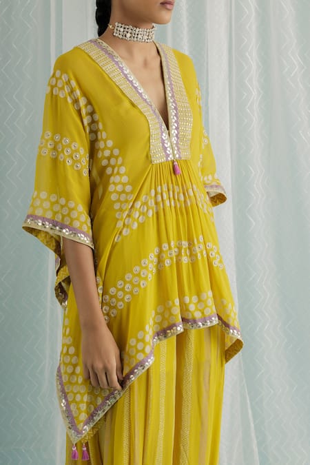 Shop Surbhi Gupta Yellow Georgette, Cotton Emi Polka Dot Print Kaftan Tunic And Dhoti Pant Set Online at Aza Fashions Shop_Surbhi Gupta_Yellow Georgette, Cotton Emi Polka Dot Print Kaftan Tunic And Dhoti Pant Set _Online_at_Aza_Fashions