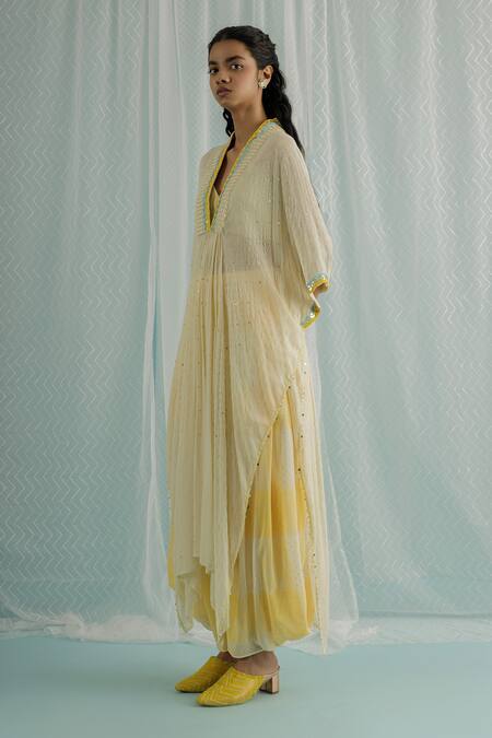 Surbhi Gupta_Ivory Kaftan Kurta Georgette Block Print Sequin V Asymmetric And Trouser Set _Online_at_Aza_Fashions