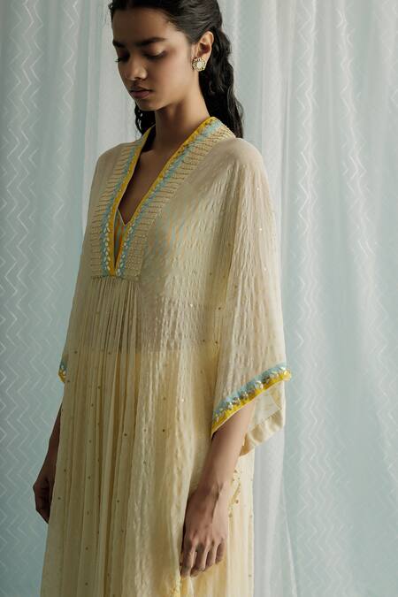 Buy_Surbhi Gupta_Ivory Kaftan Kurta Georgette Block Print Sequin V Asymmetric And Trouser Set _Online_at_Aza_Fashions