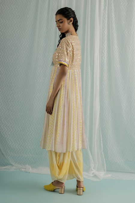 Shop Surbhi Gupta Ivory Anarkali Cotton Silk And Georgette Block Koa With Dhoti Pant Online at Aza Fashions Shop_Surbhi Gupta_Ivory Anarkali Cotton Silk And Georgette Block Koa With Dhoti Pant _Online_at_Aza_Fashions