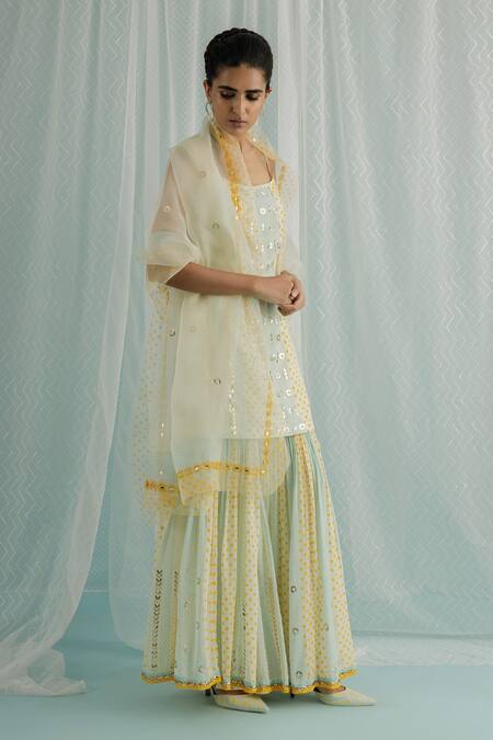 Buy Surbhi Gupta Ivory Kurta And Sharara Georgette Block Print Sequin Embroidered Set Online at Aza Fashions Buy_Surbhi Gupta_Ivory Kurta And Sharara Georgette Block Print Sequin Embroidered Set _Online_at_Aza_Fashions