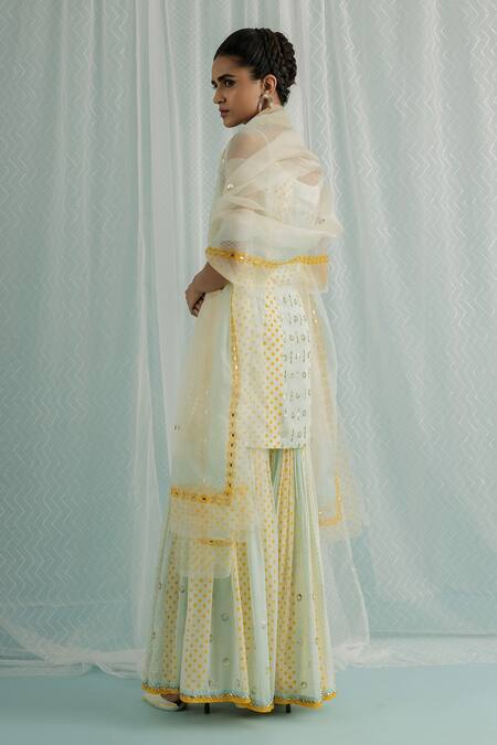Shop Surbhi Gupta Ivory Kurta And Sharara Georgette Block Print Sequin Embroidered Set Online at Aza Fashions Shop_Surbhi Gupta_Ivory Kurta And Sharara Georgette Block Print Sequin Embroidered Set _Online_at_Aza_Fashions