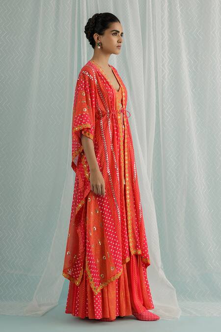 Surbhi Gupta_Fuchsia Cotton Satin, Georgette Gota Patti, Beads, Lilith Kaftan And Sharara Set _Online_at_Aza_Fashions
