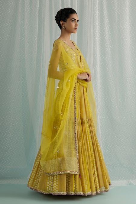 Buy_Surbhi Gupta_Yellow Satin, Organza, Georgette, Demi Chevron Print Lehenga Set _Online_at_Aza_Fashions