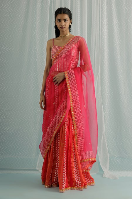 Surbhi Gupta Pink Cotton Satin, Georgette, Organza Embroidery, Sarai Block Print Lehenga Set 