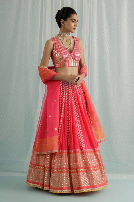 Surbhi Gupta Pink Cotton Satin, Georgette, Organza Kara Sphere And Polka Dot Print Lehenga Set Online at Aza Fashions Surbhi Gupta_Pink Cotton Satin, Georgette, Organza Kara Sphere And Polka Dot Print Lehenga Set _Online_at_Aza_Fashions