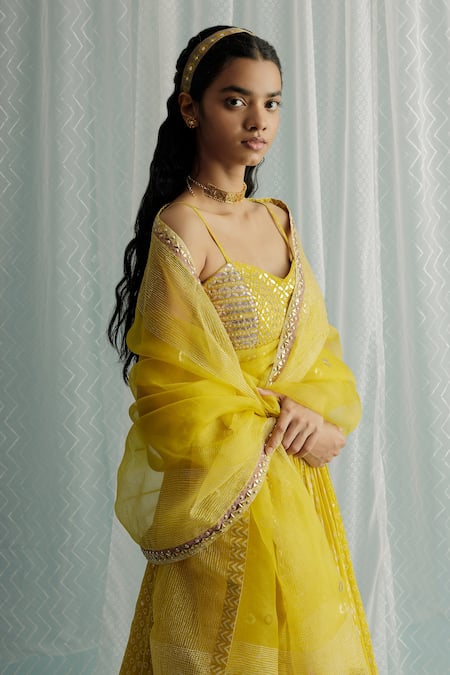 Shop_Surbhi Gupta_Yellow Lehenga Georgette Printed Geometric Sweetheart Neck Set _Online_at_Aza_Fashions